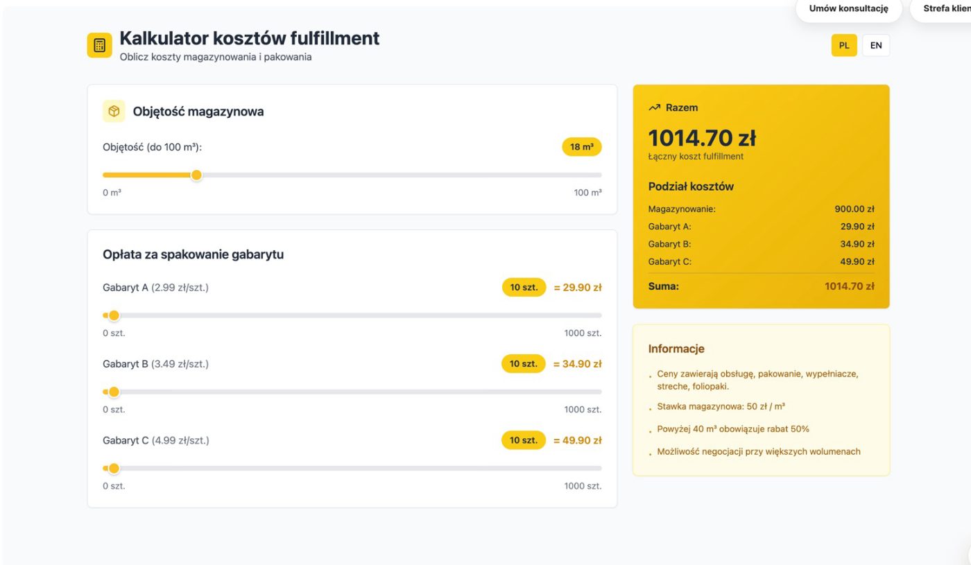 Kalkulator kosztów fulfillment — Interaktywny kalkulator kosztów magazynowania i pakowania.