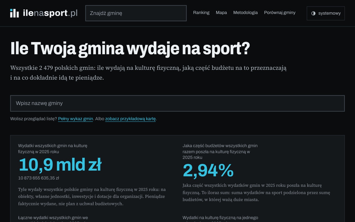 ilenasport.pl — Obywatelski serwis danych o wydatkach 2 479 polskich gmin na sport w latach 2019-2025.