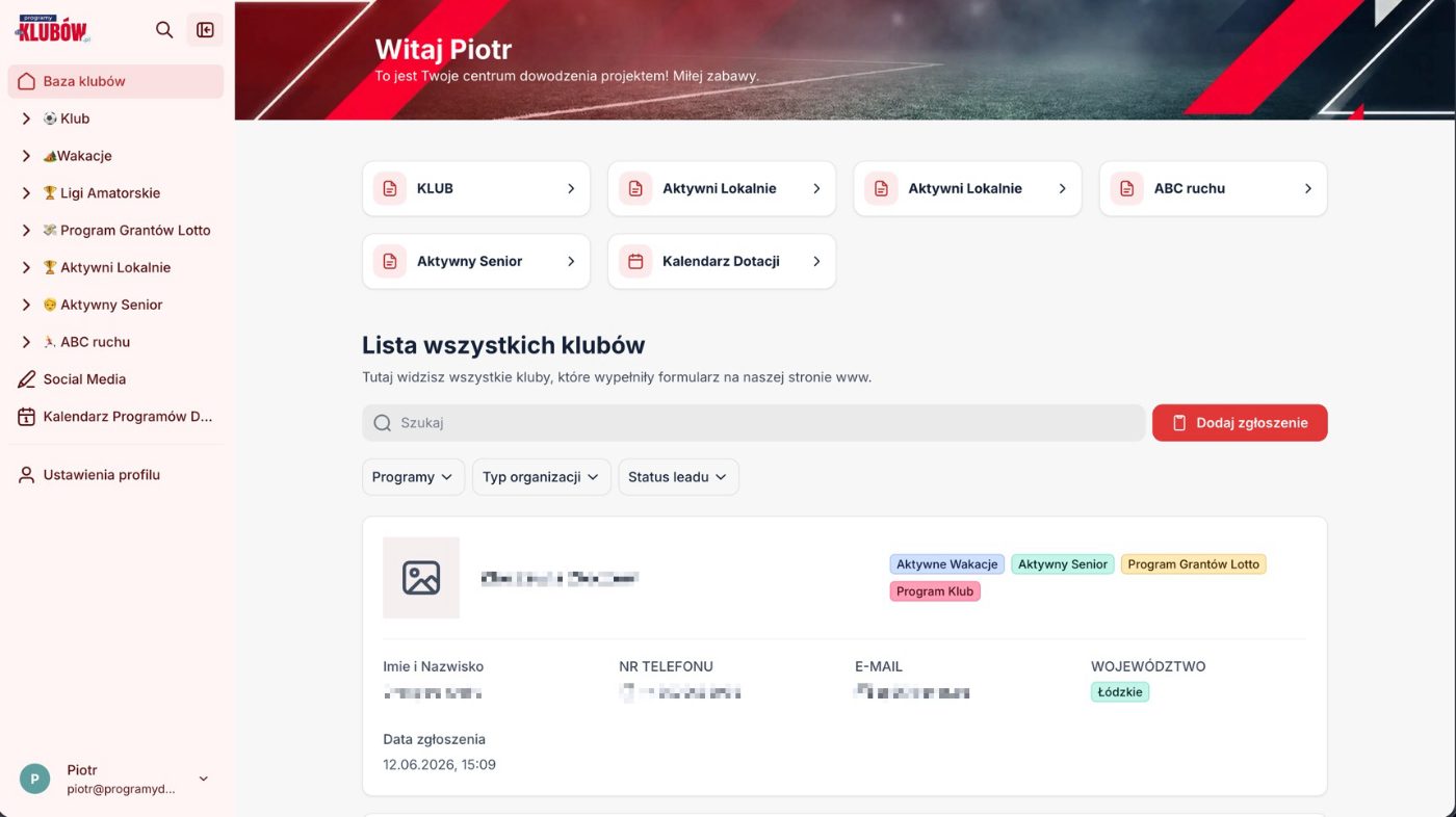 Centrum dowodzenia PDK — Aplikacja wewnętrzna do obsługi klubów sportowych w procesie pozyskiwania dotacji.